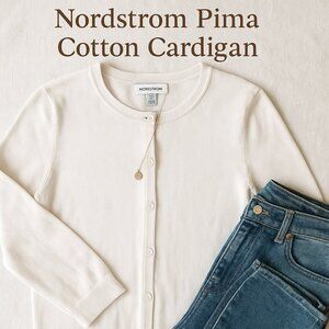 Nordstrom Pima Cotton Cardigan XS White Classic Lightweight Button Sweater